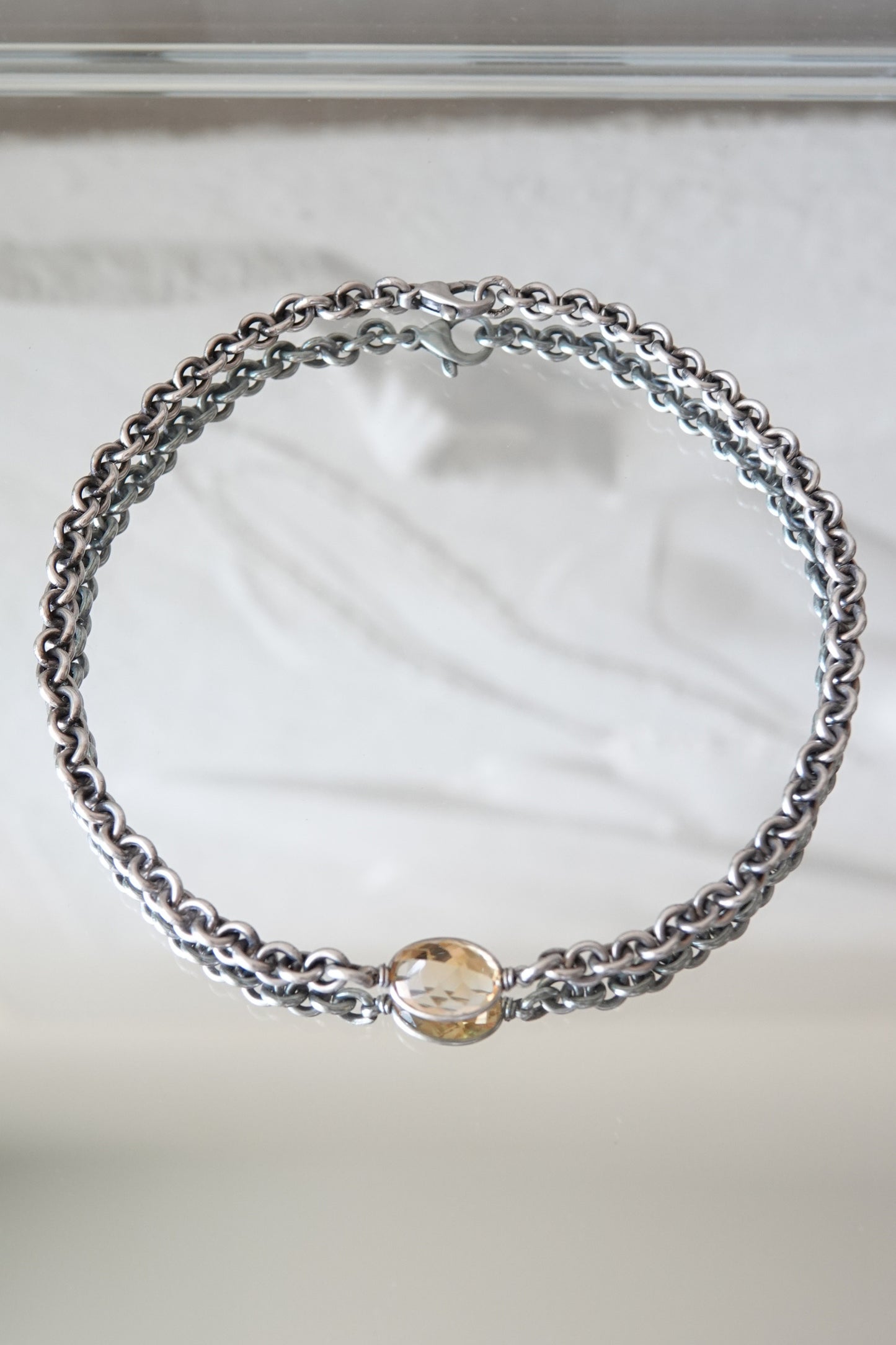 Vintage Sterling Silver Double-Link Chain Necklace with Faceted Citrine