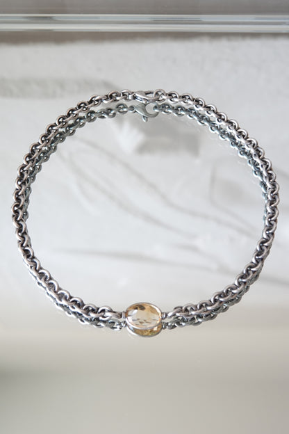 Vintage Sterling Silver Double-Link Chain Necklace with Faceted Citrine