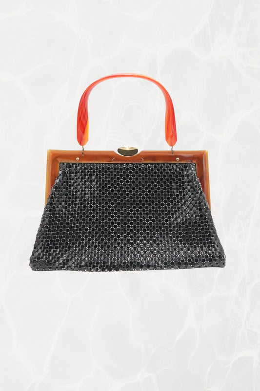 Black Mesh Evening Bag with Orange Bakelite Handle