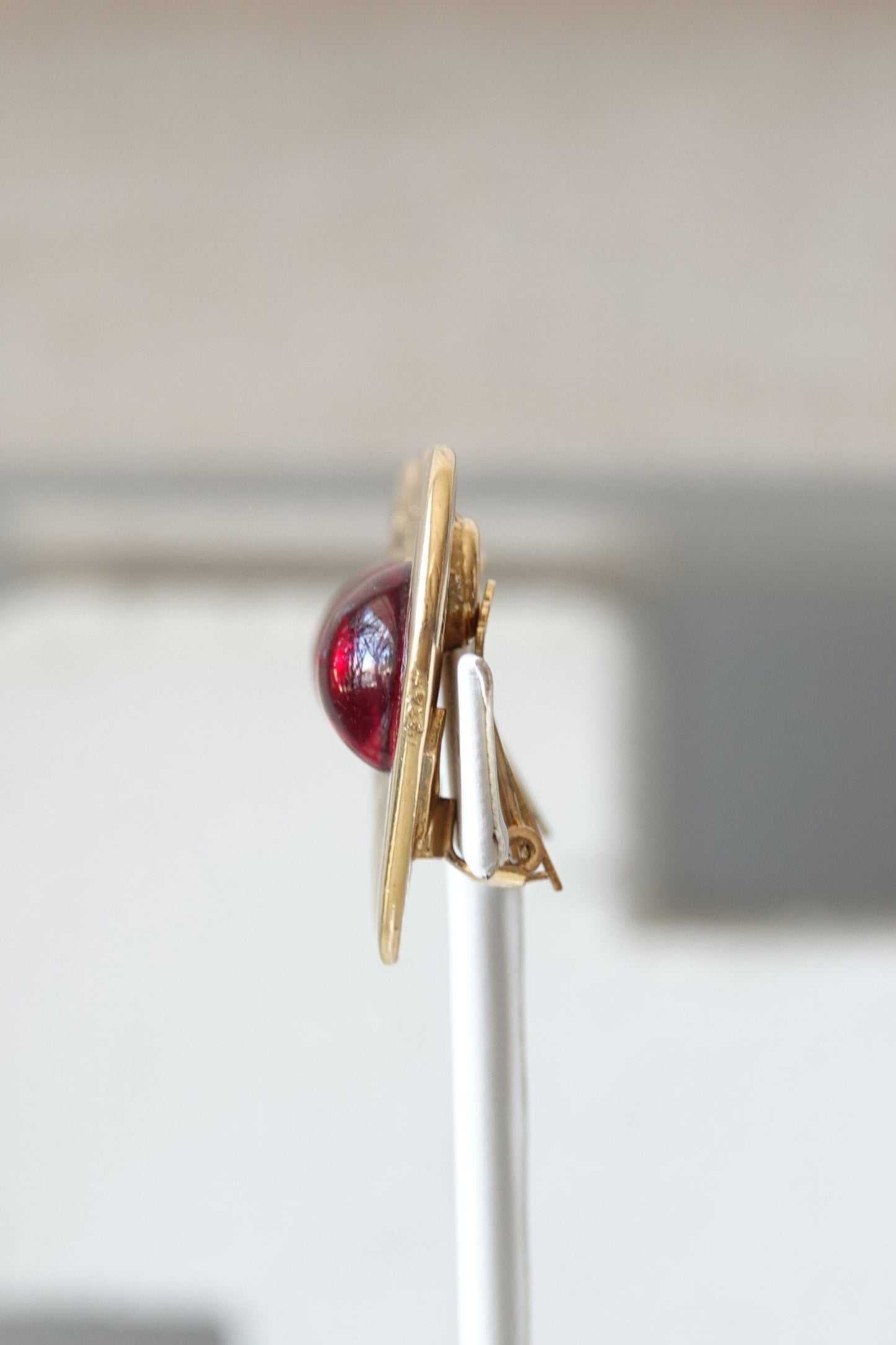 Vintage 1980s Gold-Tone Heart Clip-On Earrings with Red Cabochon