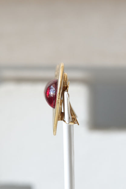 Vintage 1980s Gold-Tone Heart Clip-On Earrings with Red Cabochon