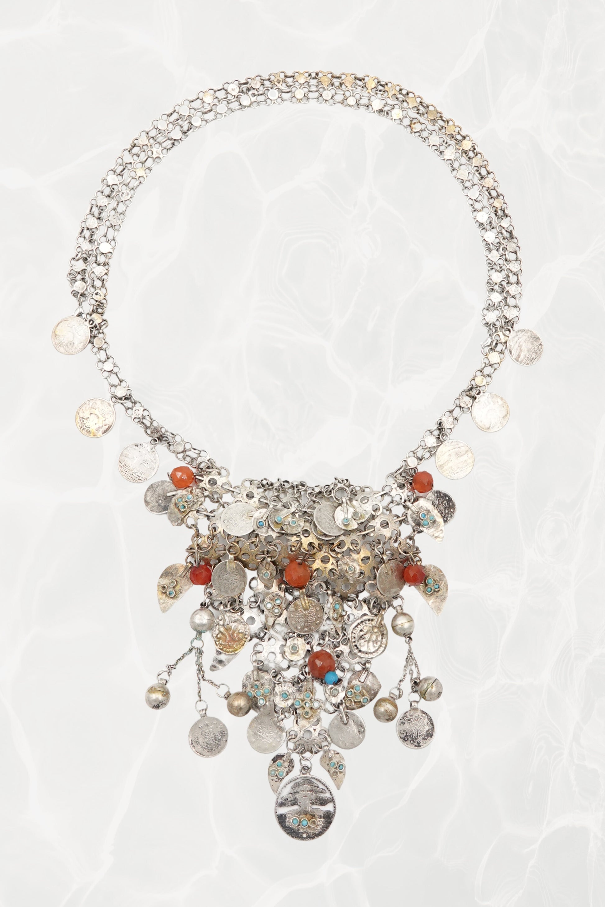 Moroccan Amazigh (Berber) Silver Bib Necklace with Carnelian & Coin Charms