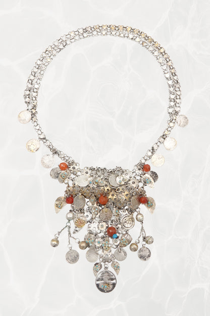 Moroccan Amazigh (Berber) Silver Bib Necklace with Carnelian & Coin Charms