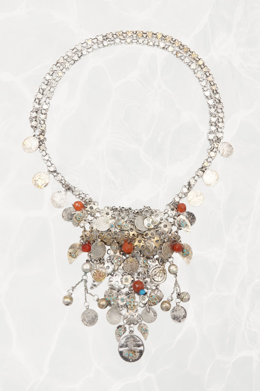 Moroccan Amazigh (Berber) Silver Bib Necklace with Carnelian & Coin Charms