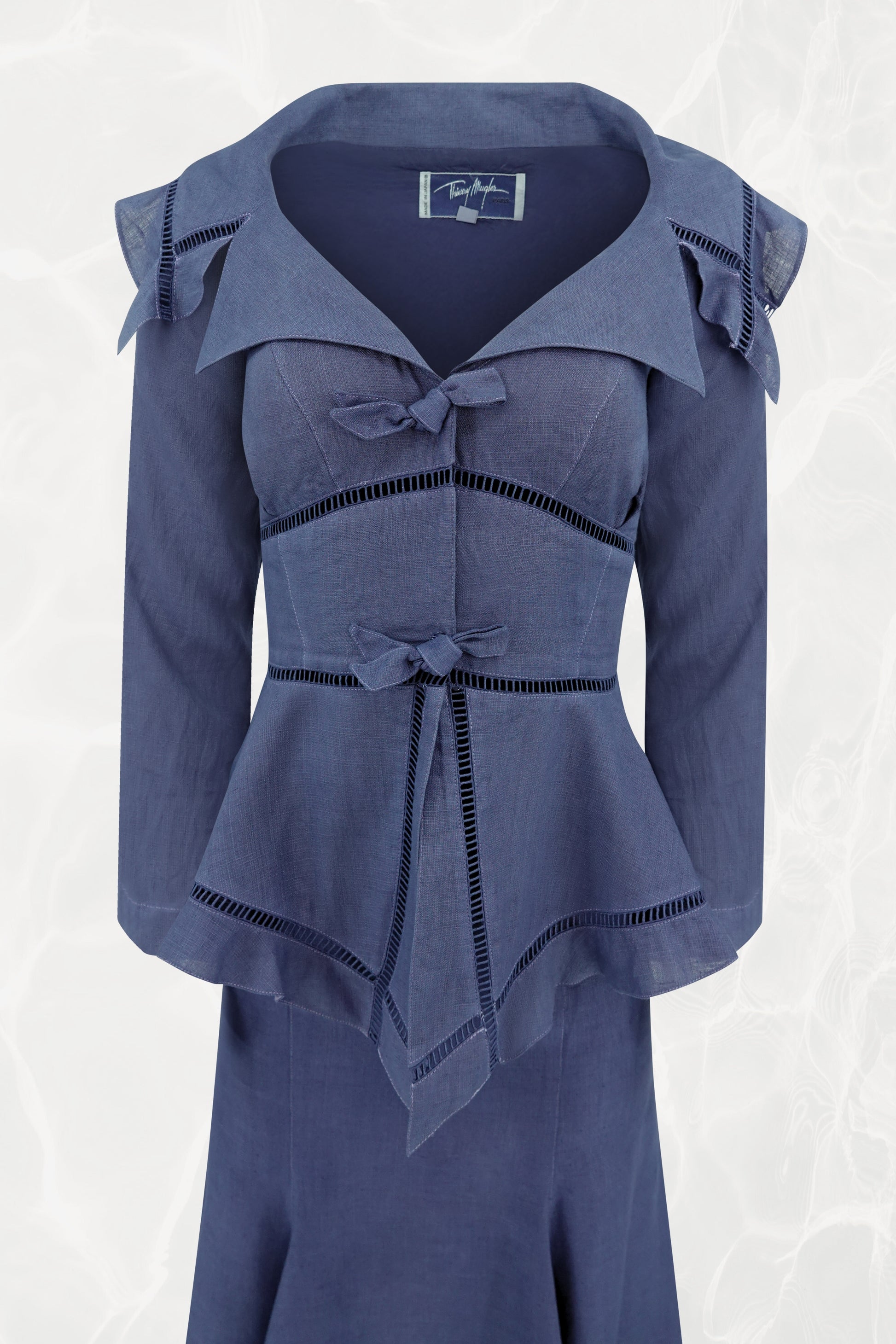 Thierry Mugler linen jacket detail, bow closures and ladder-stitch trim — Disco Palma