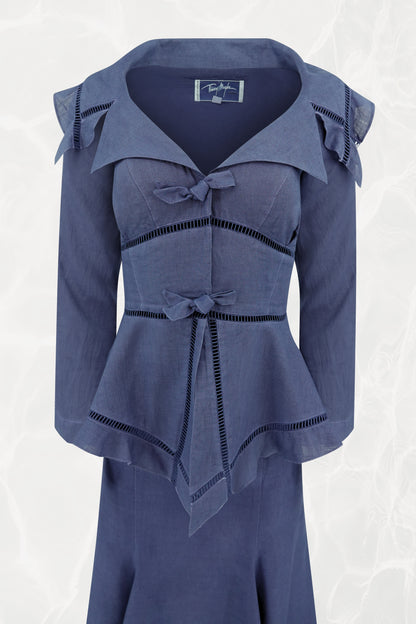 Thierry Mugler linen jacket detail, bow closures and ladder-stitch trim — Disco Palma