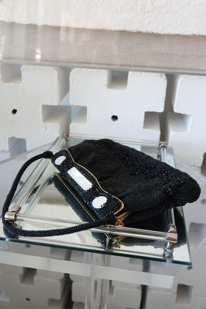 Vintage 1950s Black Seed Bead Evening Bag, Mother-of-Pearl Frame