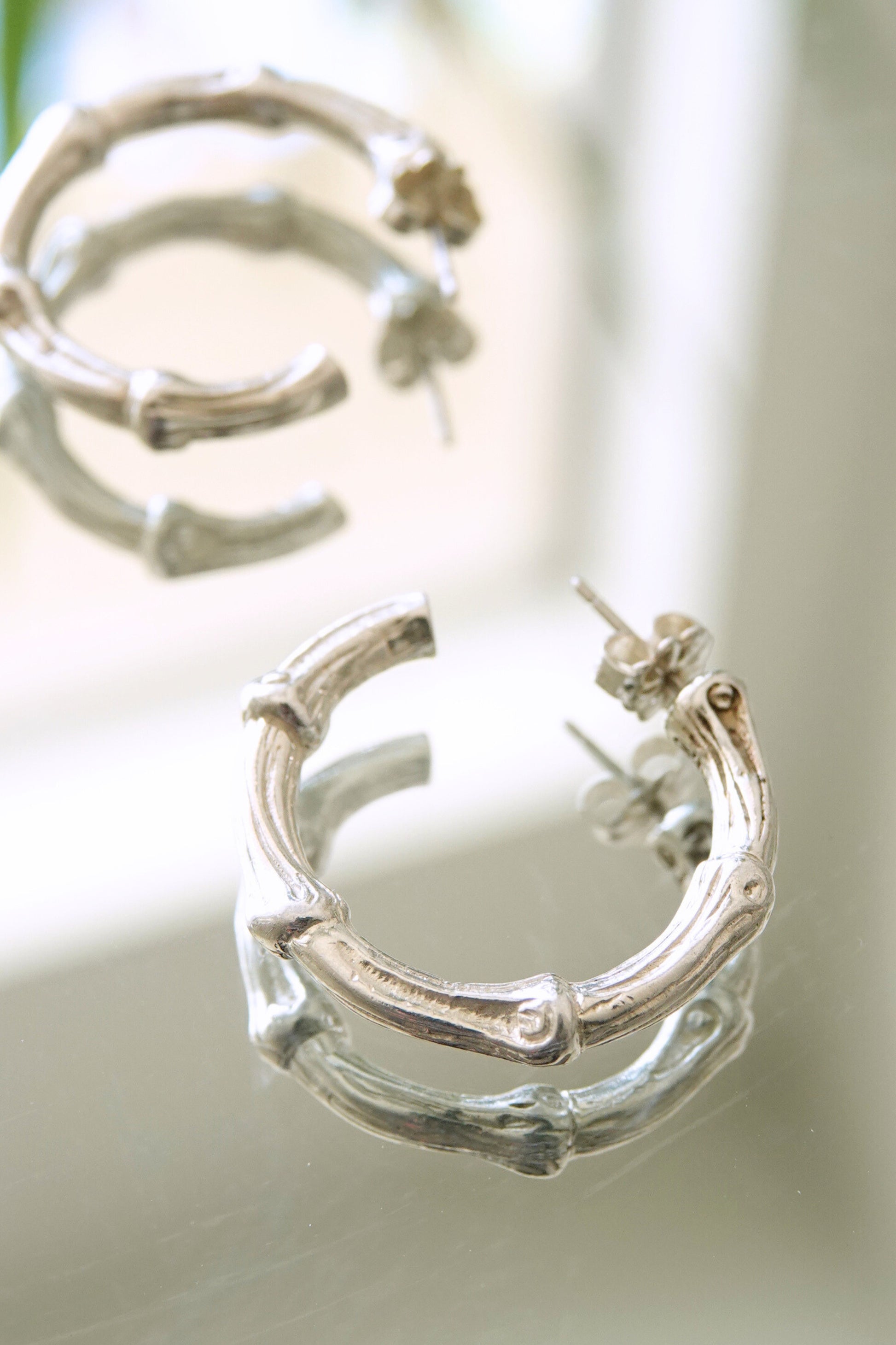 Tiffany & Co. bamboo motif sterling silver hoop earrings, vintage designer jewelry