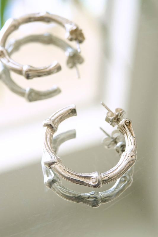 Tiffany & Co. bamboo motif sterling silver hoop earrings, vintage designer jewelry