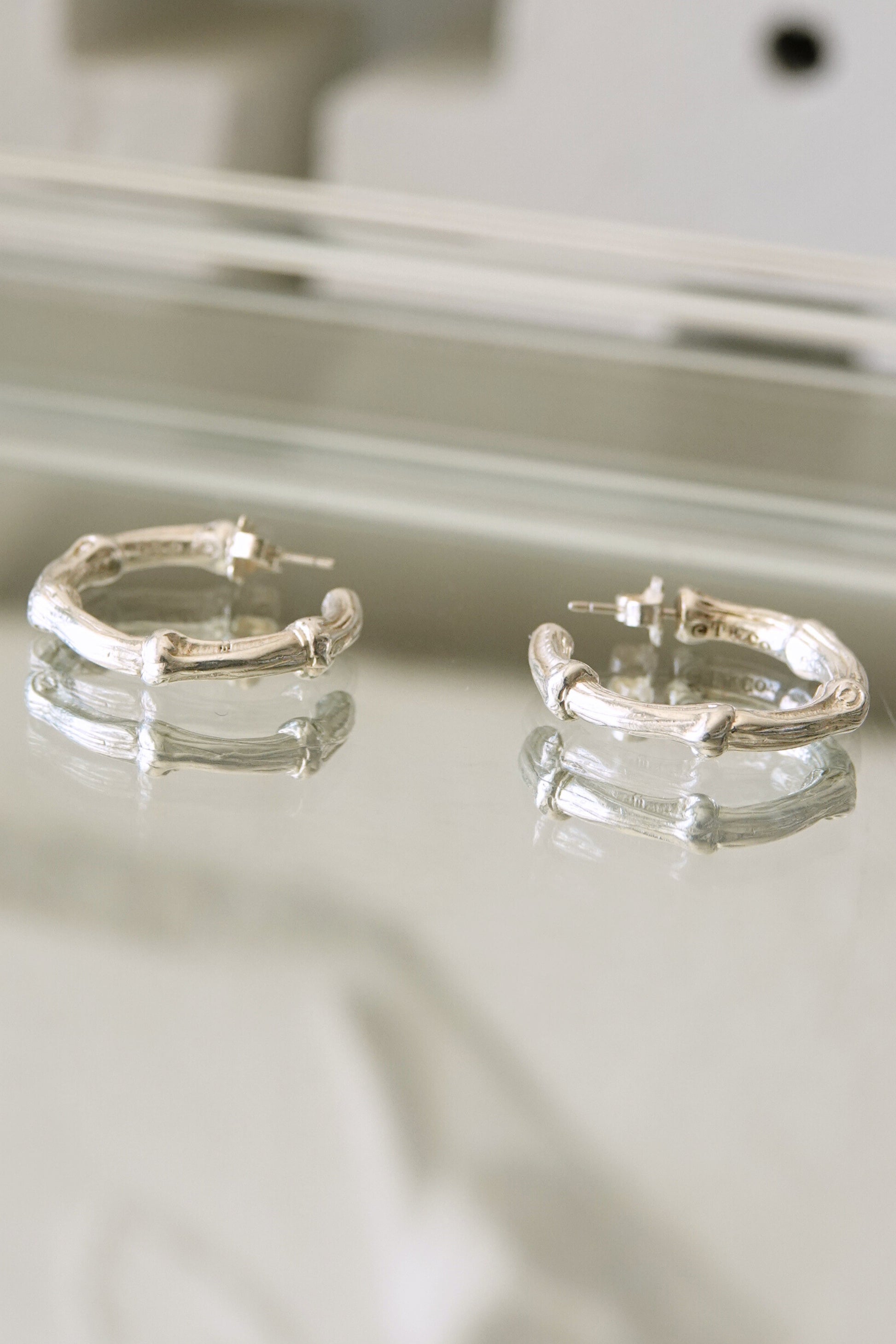 Tiffany & Co. bamboo motif sterling silver hoop earrings, vintage designer jewelry