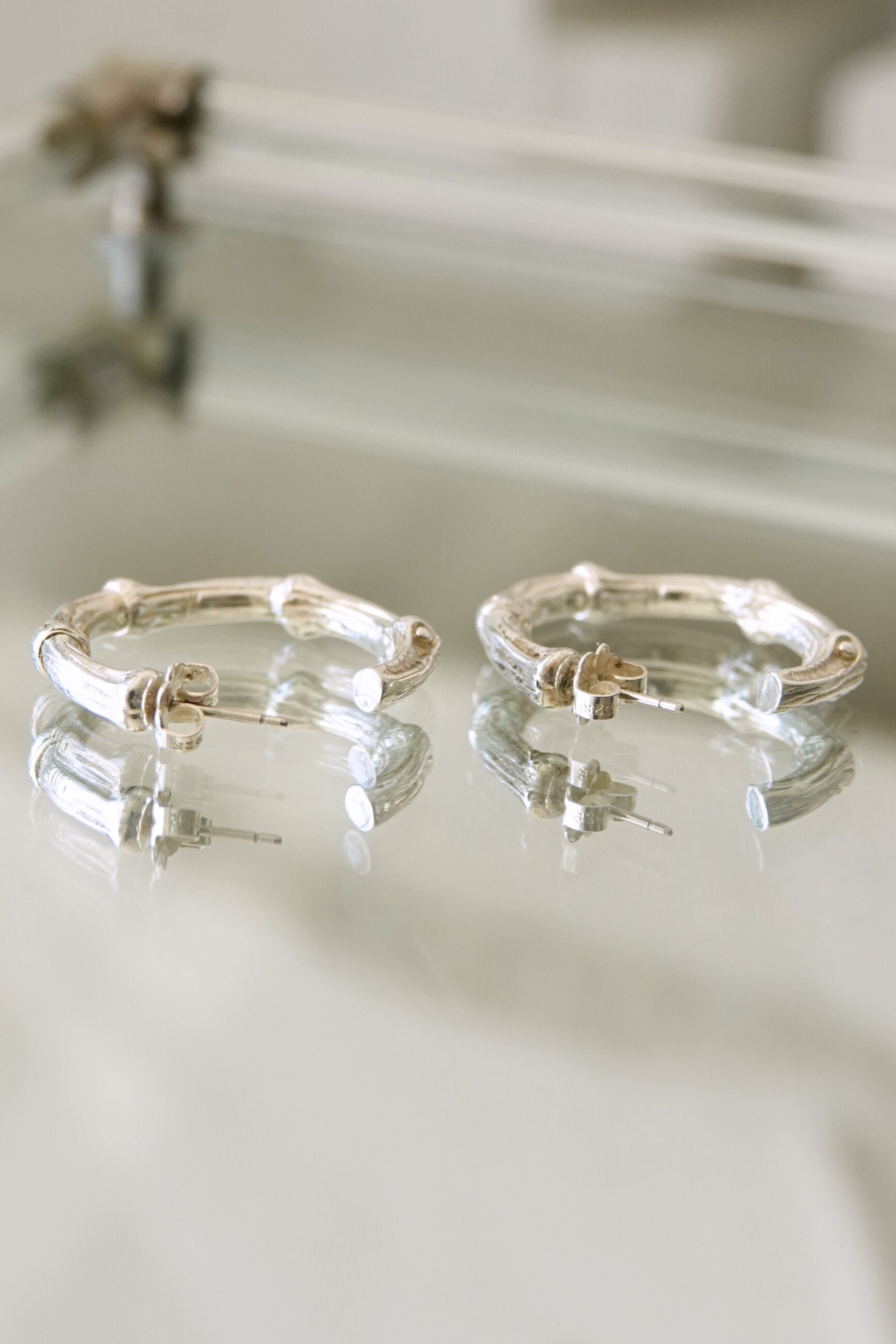 Tiffany & Co. bamboo motif sterling silver hoop earrings, vintage designer jewelry