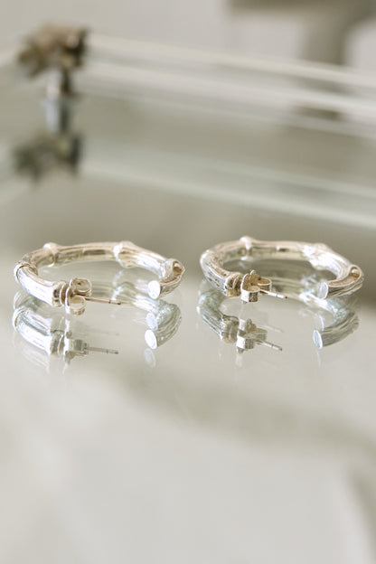 Tiffany & Co. bamboo motif sterling silver hoop earrings, vintage designer jewelry