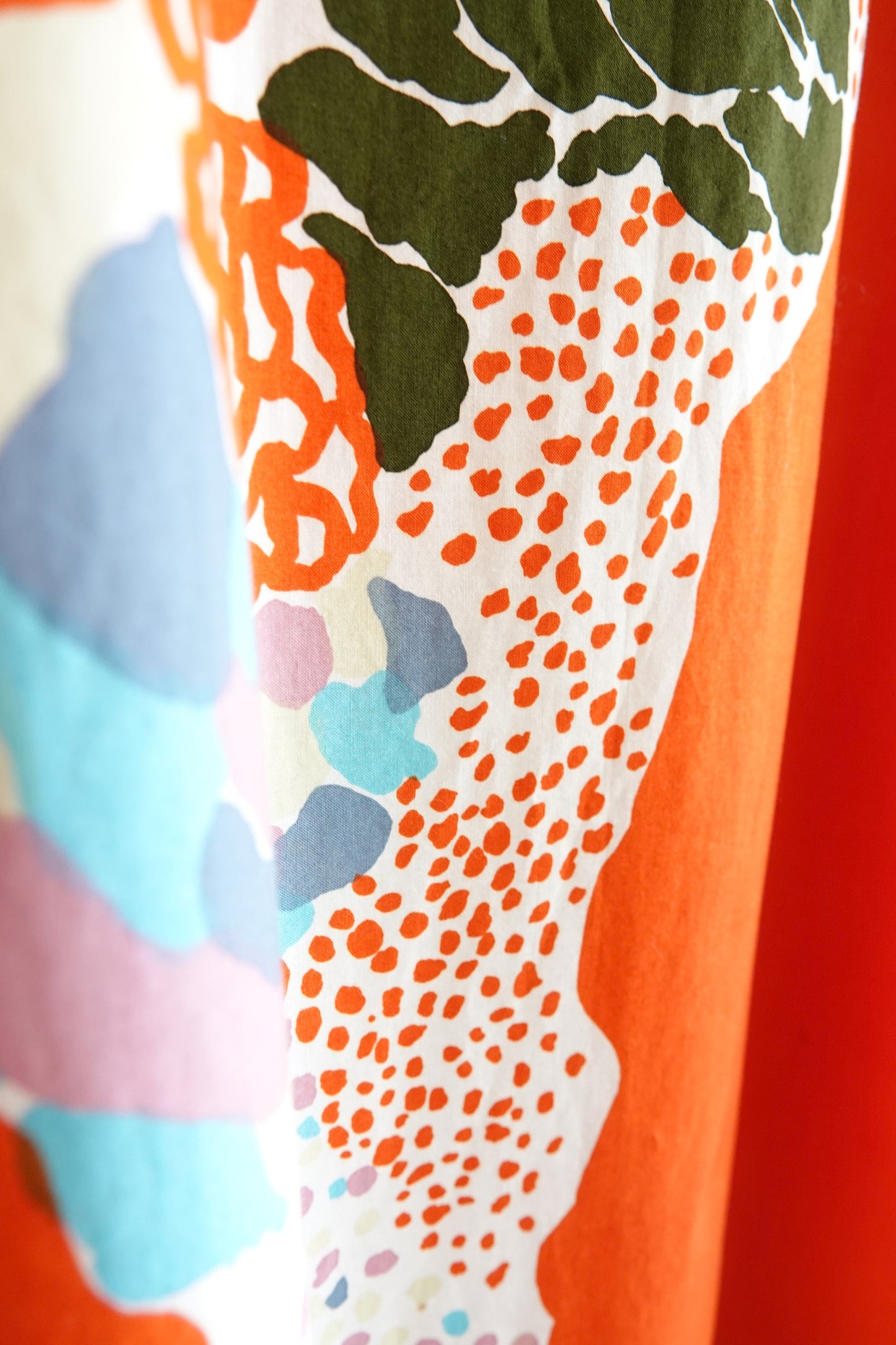 Marimekko 1978 abstract print detail, pastel blue and pink accents on cotton — Disco Palma