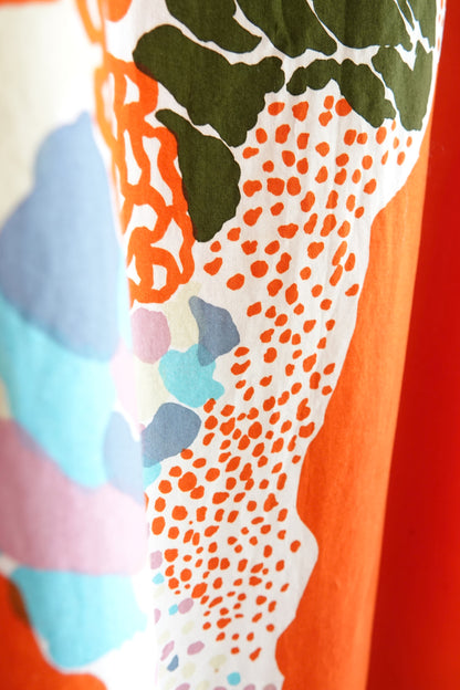 Marimekko 1978 abstract print detail, pastel blue and pink accents on cotton — Disco Palma