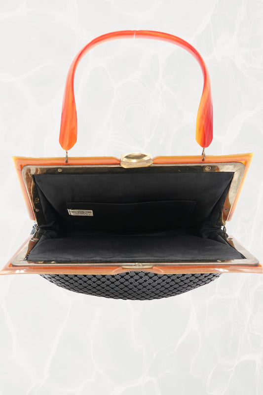 Black Mesh Evening Bag with Orange Bakelite Handle