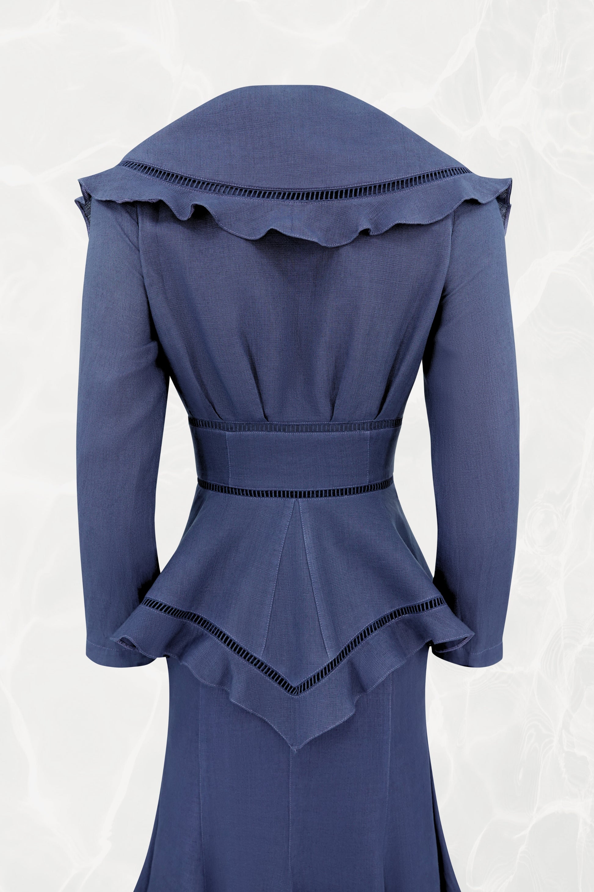 Thierry Mugler linen jacket, back collar and upper peplum detail — Disco Palma