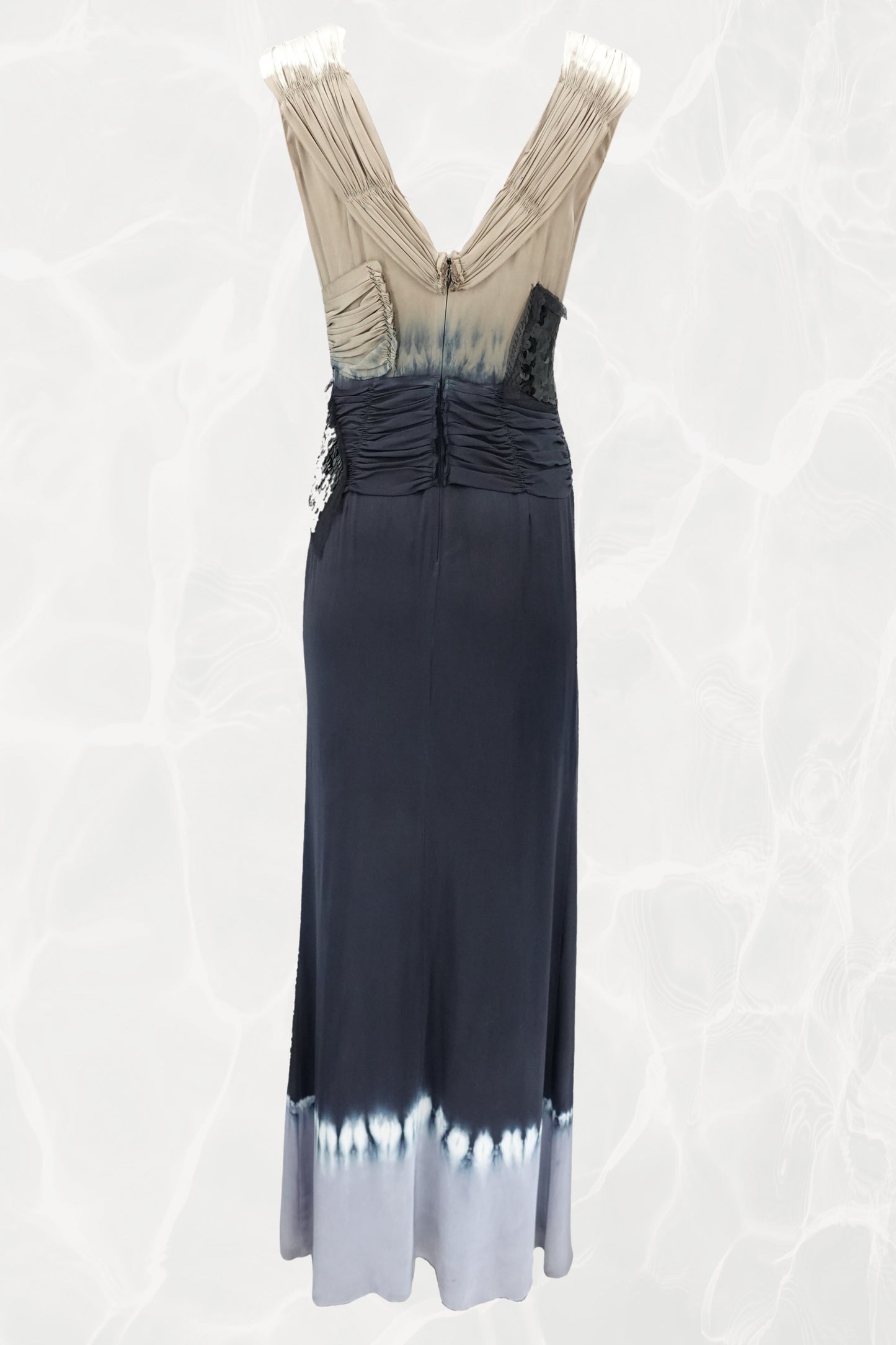 SS04 Asymmetric Silk  Navy Evening Gown with Sequin Wrap Panel