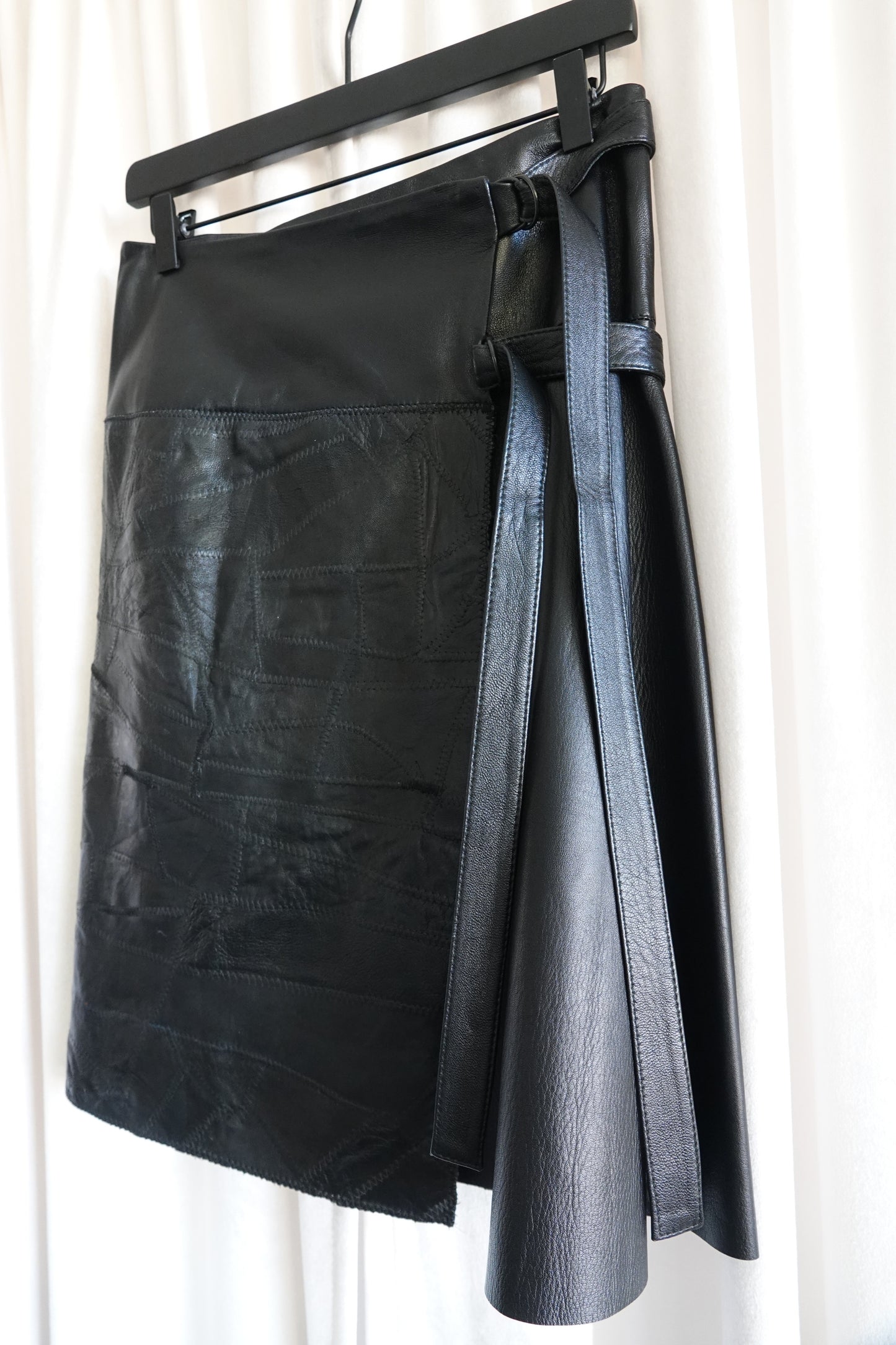 Vintage Early 2000s Black Patchwork Leather Wrap Skirt