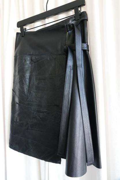 Vintage Early 2000s Black Patchwork Leather Wrap Skirt