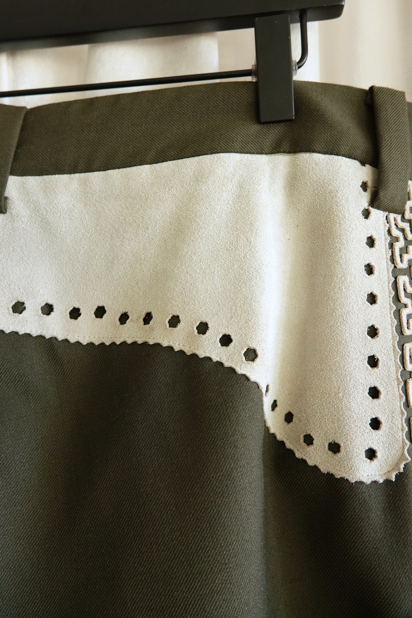 Vintage 1970s Olive Embroidered Flare Trousers with Suede Appliqué
