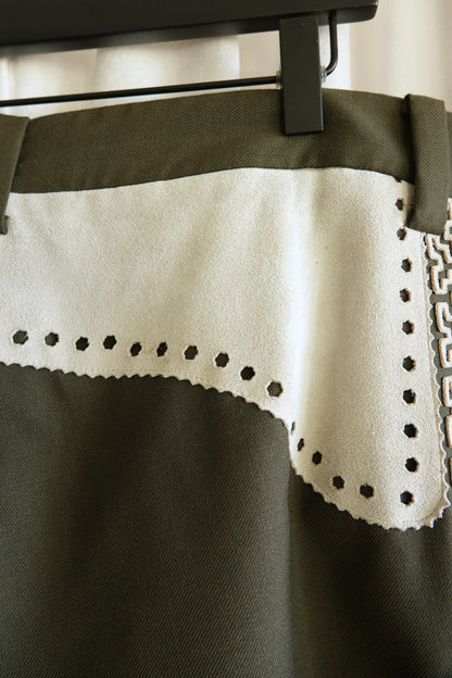 Vintage 1970s Olive Embroidered Flare Trousers with Suede Appliqué