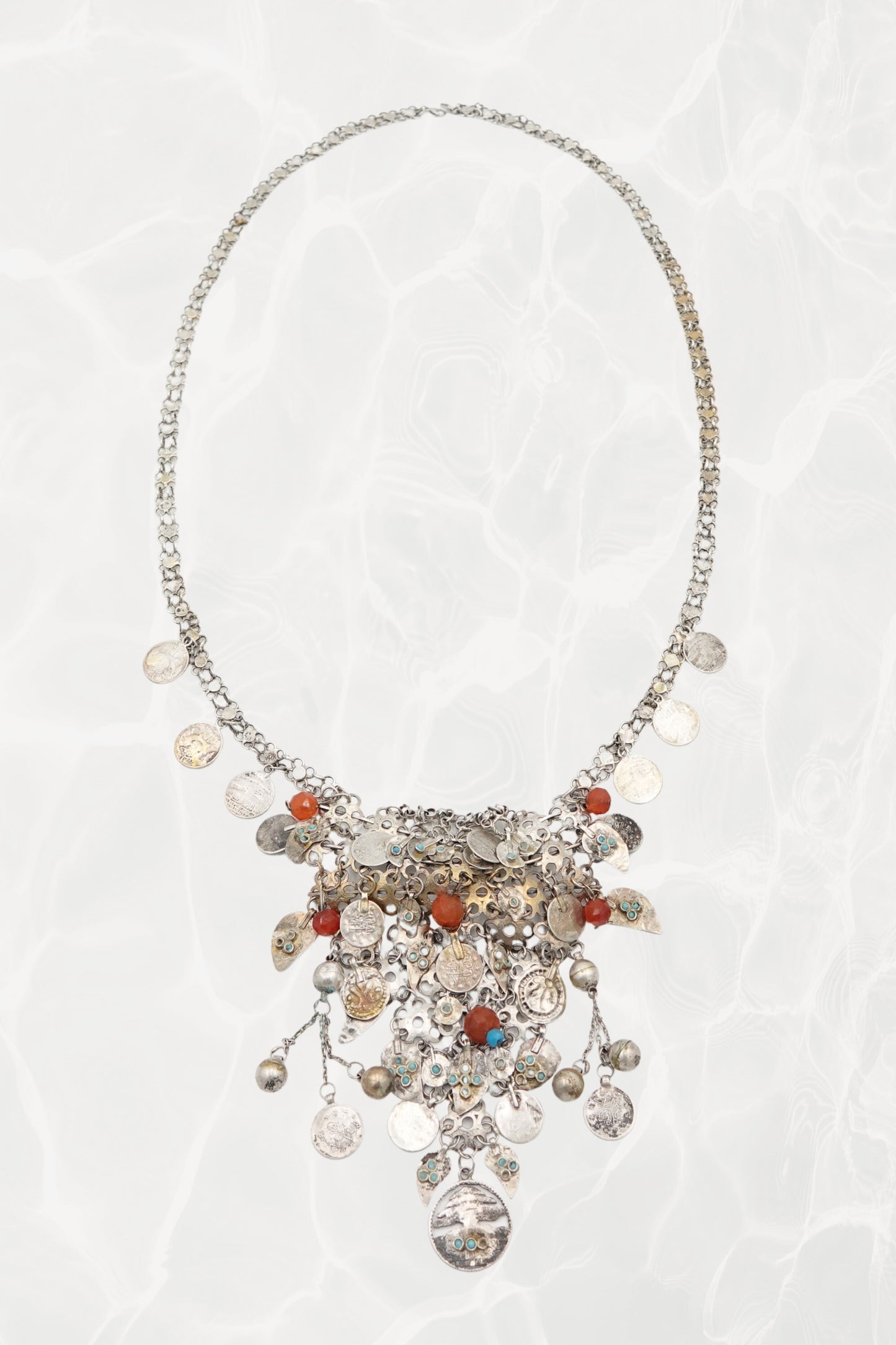 Moroccan Amazigh (Berber) Silver Bib Necklace with Carnelian & Coin Charms