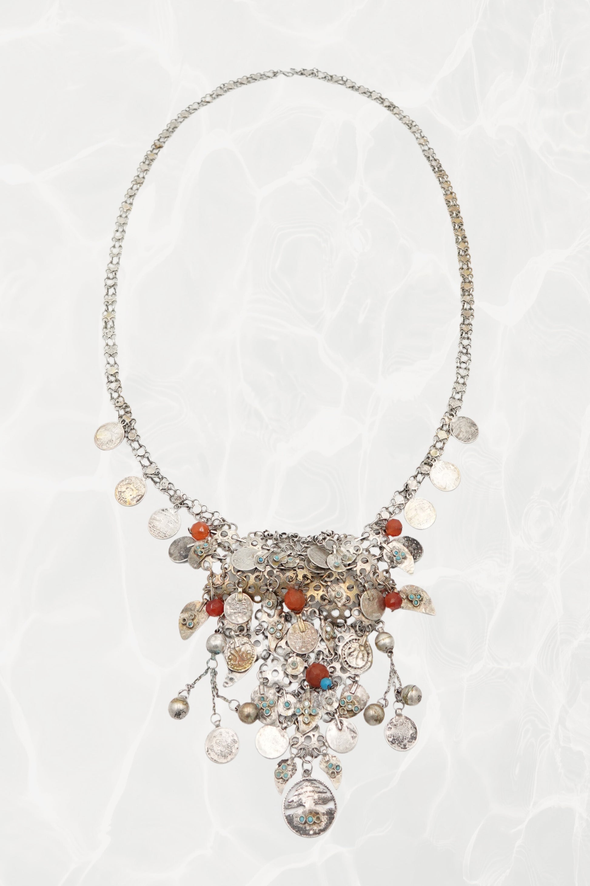Moroccan Amazigh (Berber) Silver Bib Necklace with Carnelian & Coin Charms