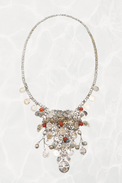 Moroccan Amazigh (Berber) Silver Bib Necklace with Carnelian & Coin Charms