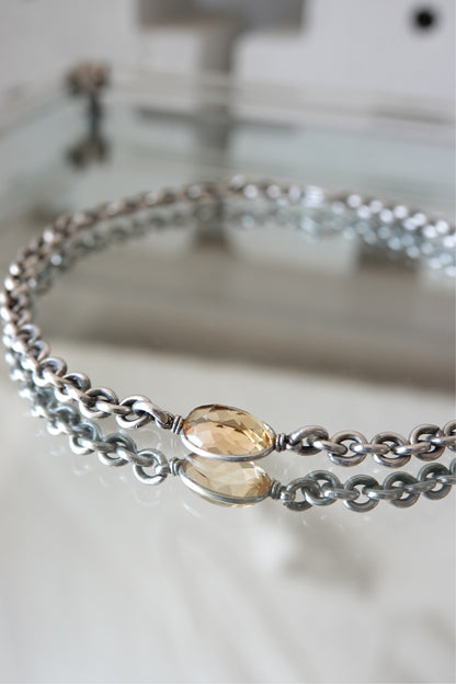 Vintage Sterling Silver Double-Link Chain Necklace with Faceted Citrine