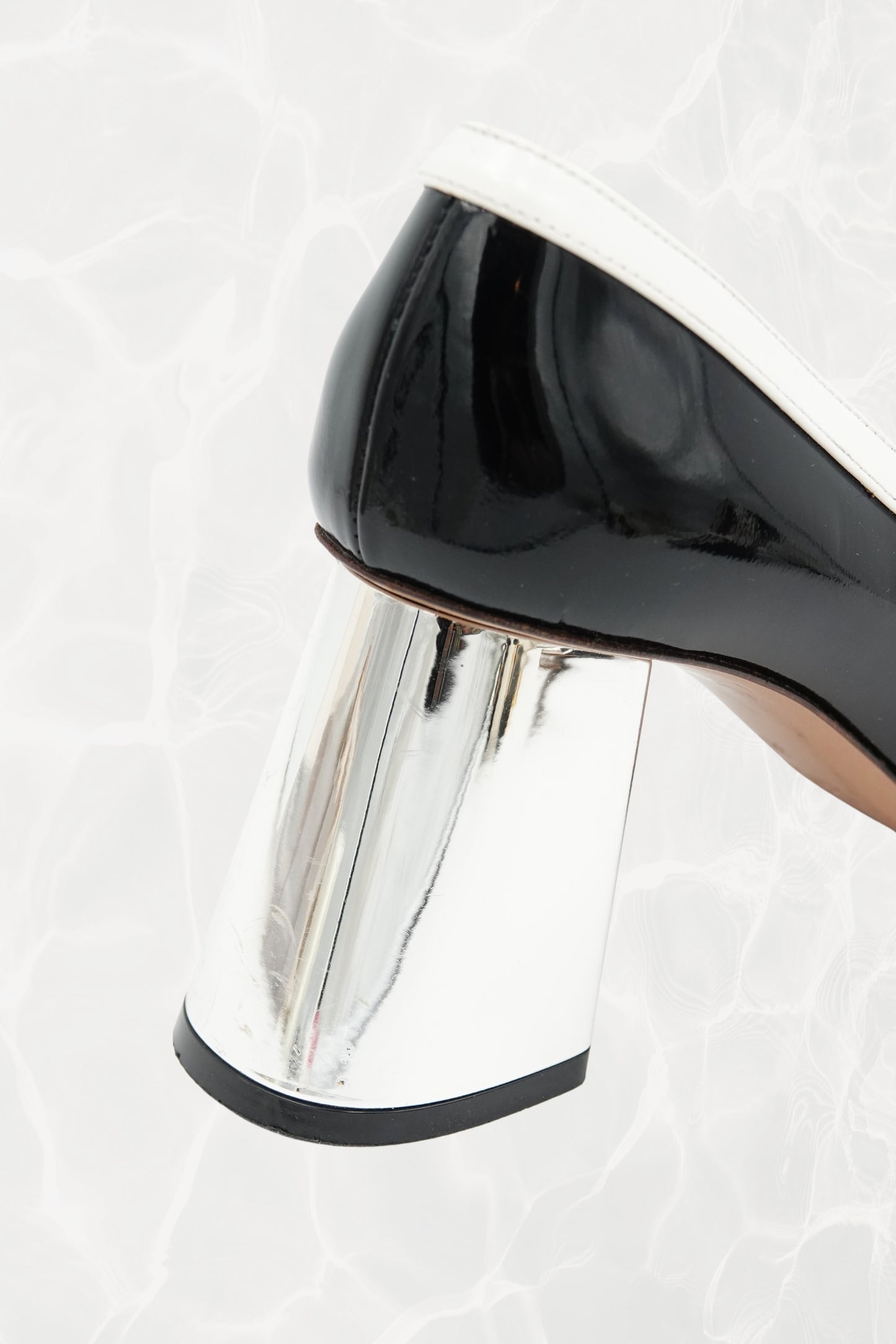 Black and White Stripe Patent Leather Pump, Chrome Block Heel
