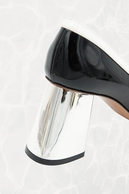 Black and White Stripe Patent Leather Pump, Chrome Block Heel