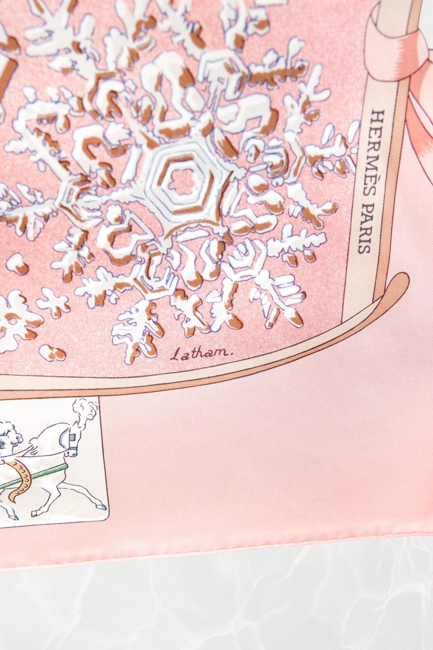 Hermès Neige d'Antan Carré 90 border detail, HERMÈS PARIS woven label on pink silk twill, vintage 1984
