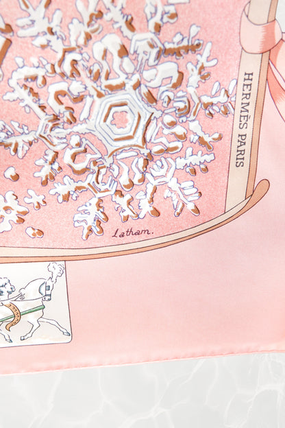 Hermès Neige d'Antan Carré 90 border detail, HERMÈS PARIS woven label on pink silk twill, vintage 1984
