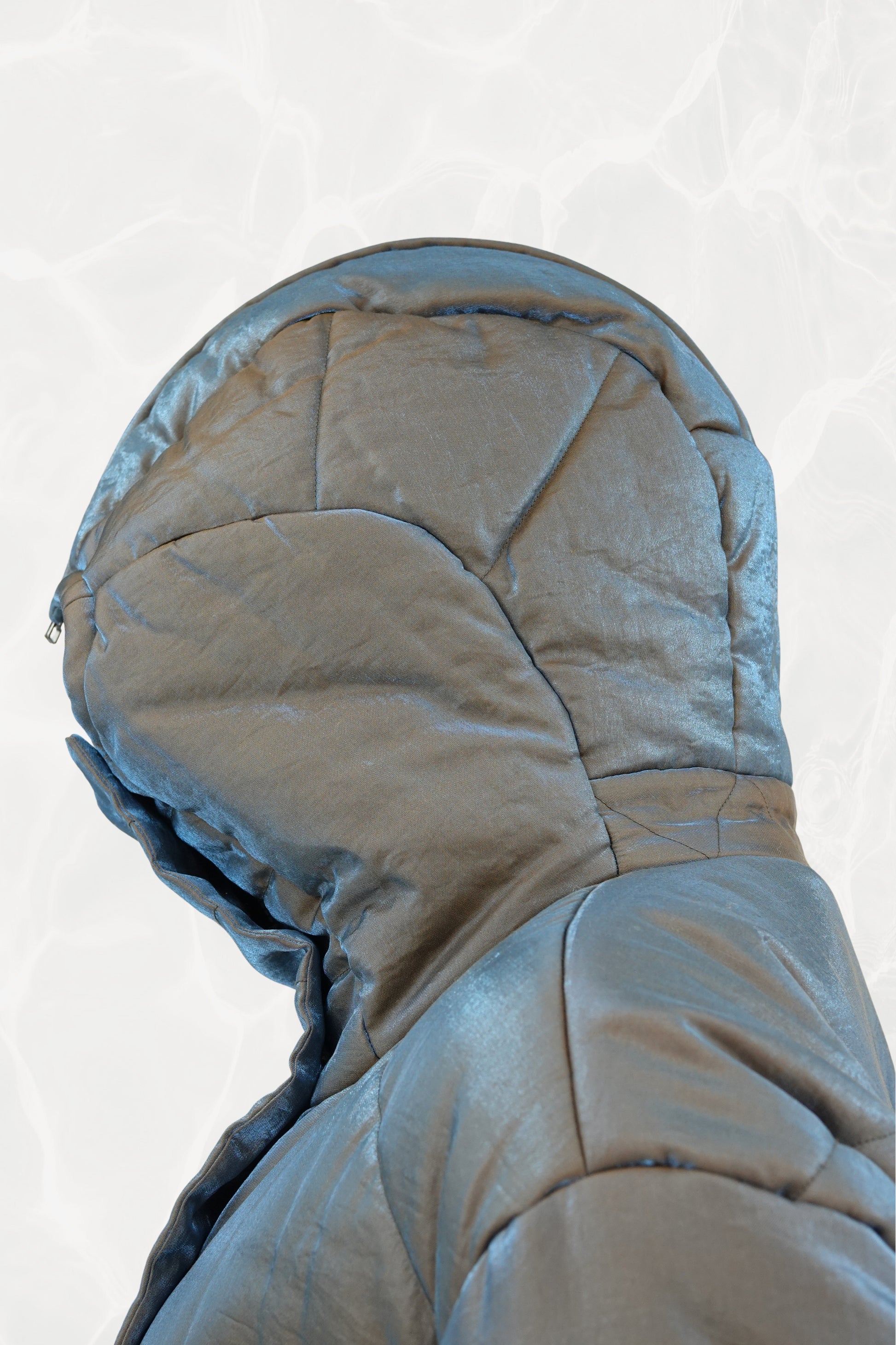 Fall 1993 Runway Iridescent Quilted Cocoon Coat with Hood