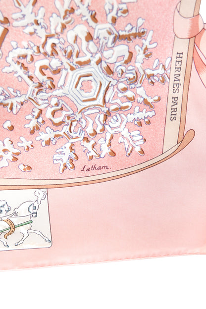 Hermès Neige d'Antan Carré 90 detail: HERMÈS PARIS label, snowflake and equestrian vignette, designer signature Latham
