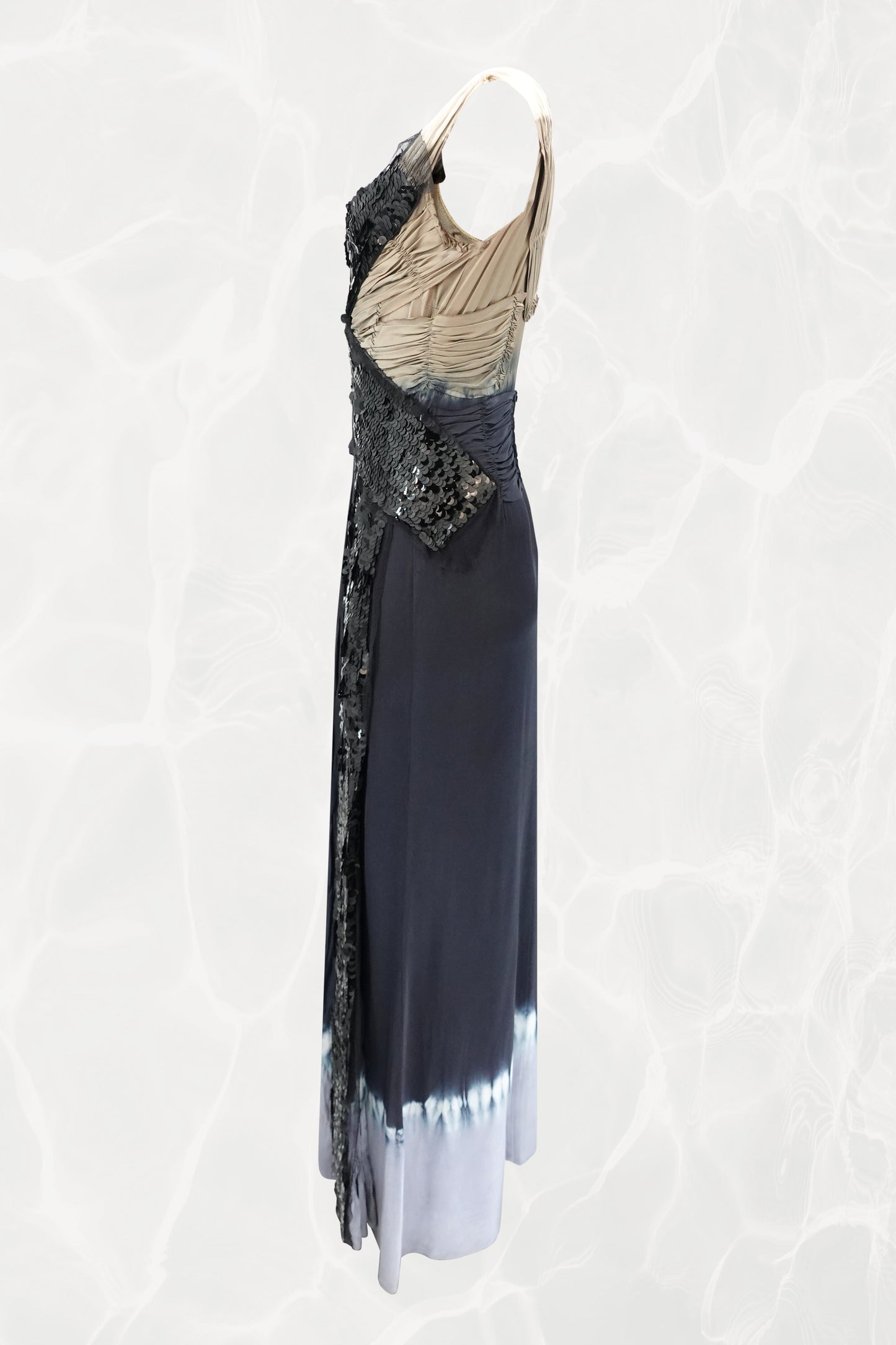 SS04 Asymmetric Silk  Navy Evening Gown with Sequin Wrap Panel
