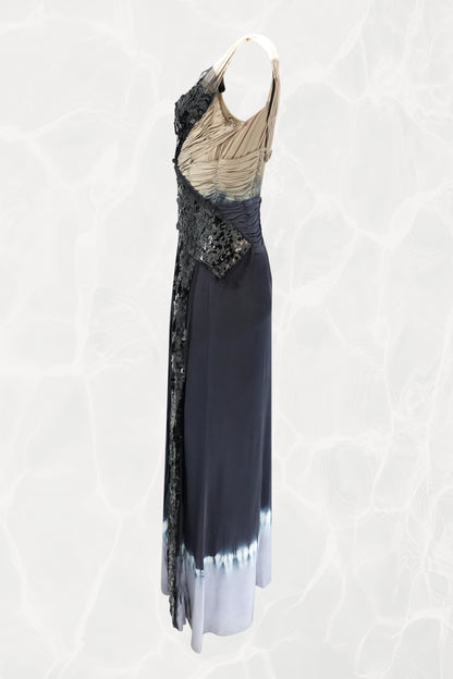 SS04 Asymmetric Silk  Navy Evening Gown with Sequin Wrap Panel