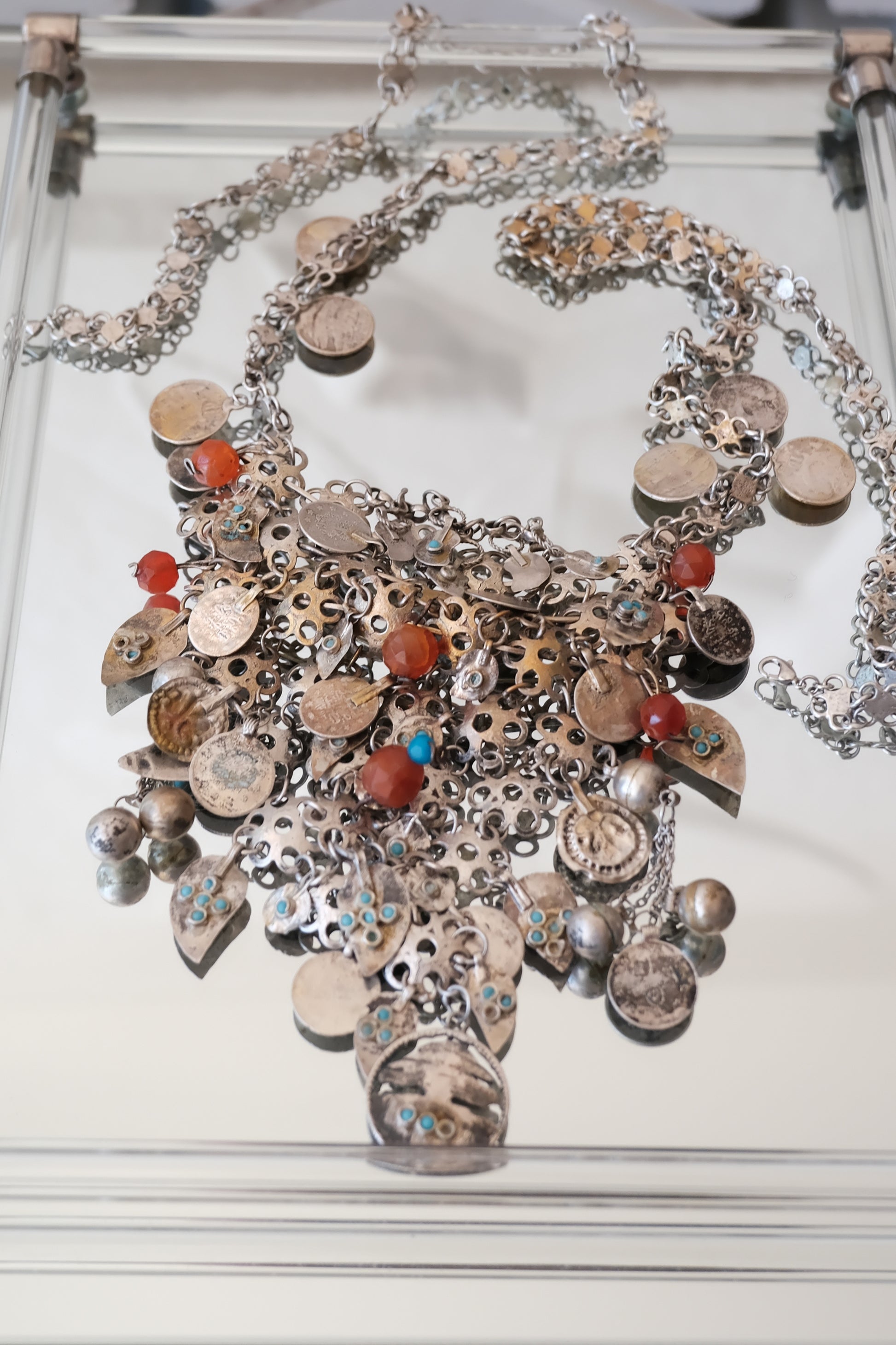 Moroccan Amazigh (Berber) Silver Bib Necklace with Carnelian & Coin Charms