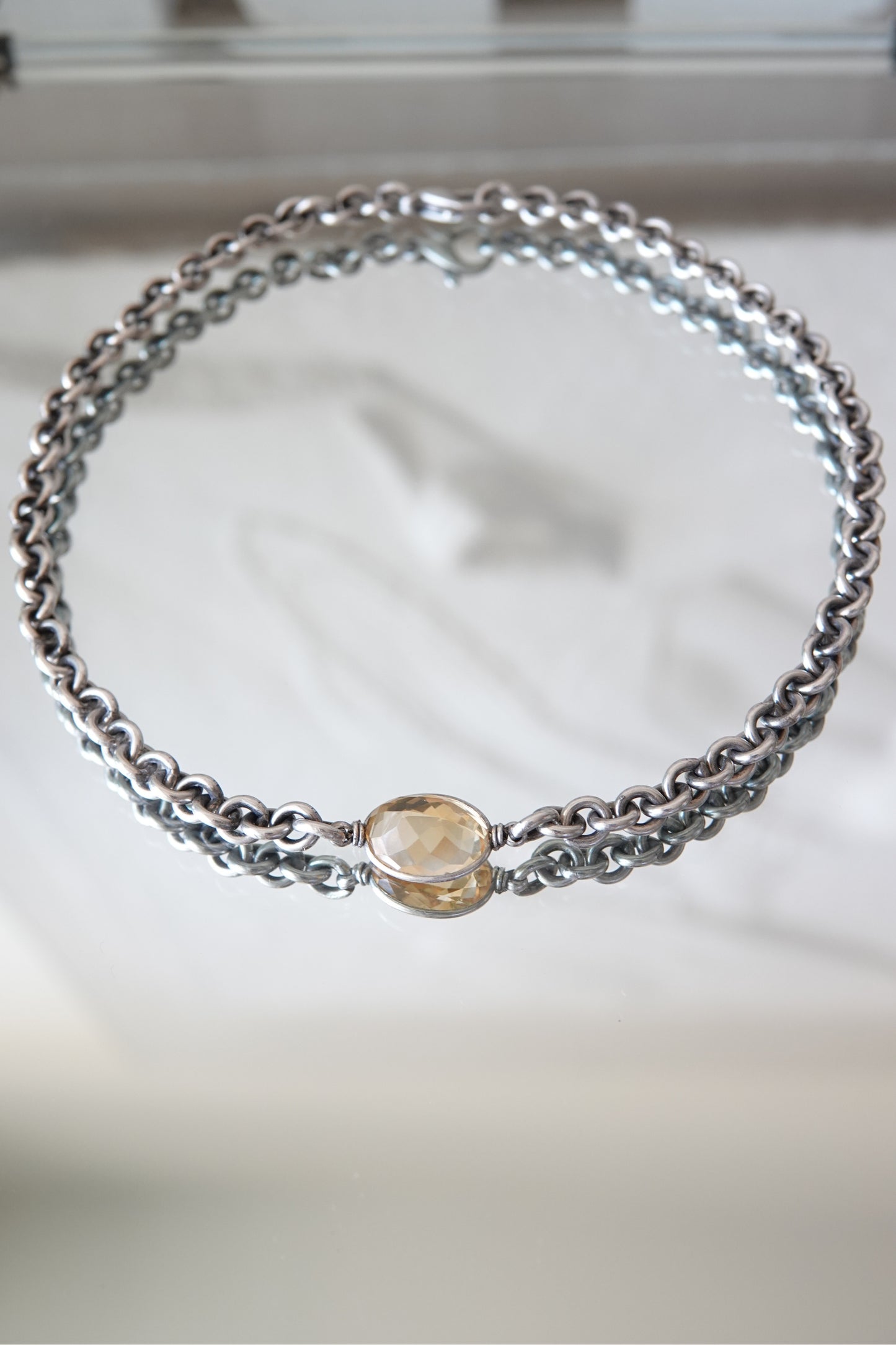 Vintage Sterling Silver Double-Link Chain Necklace with Faceted Citrine