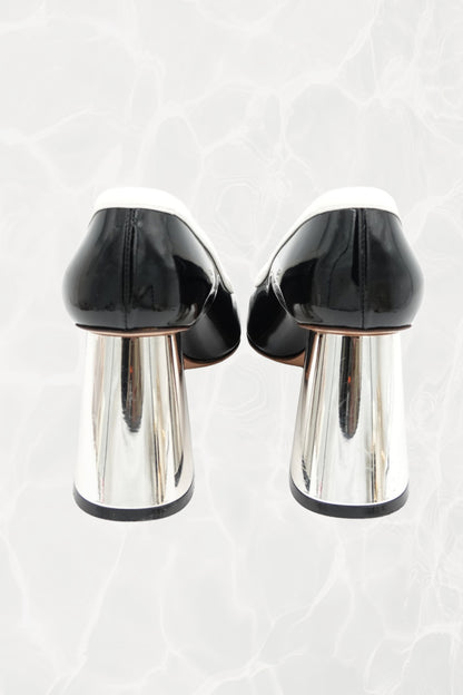 Black and White Stripe Patent Leather Pump, Chrome Block Heel