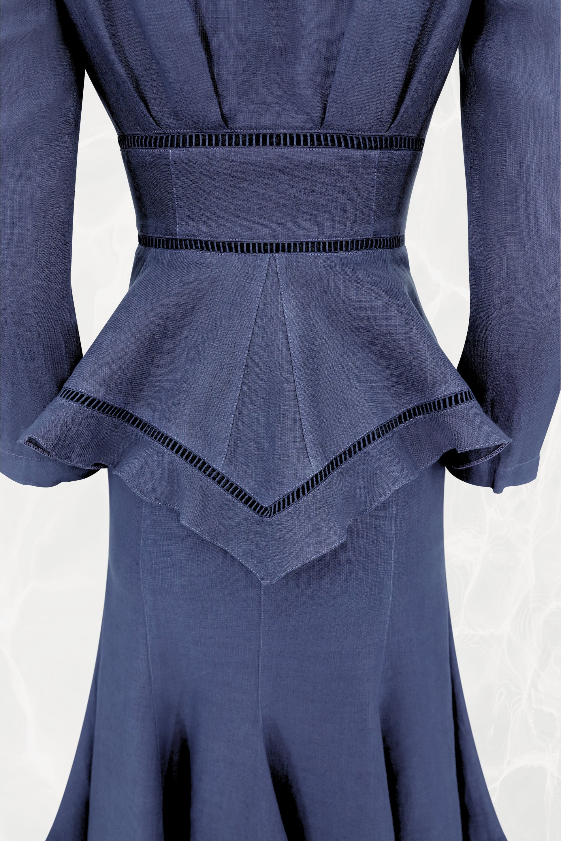 Thierry Mugler linen jacket, back peplum with ladder-stitch trim detail — Disco Palma