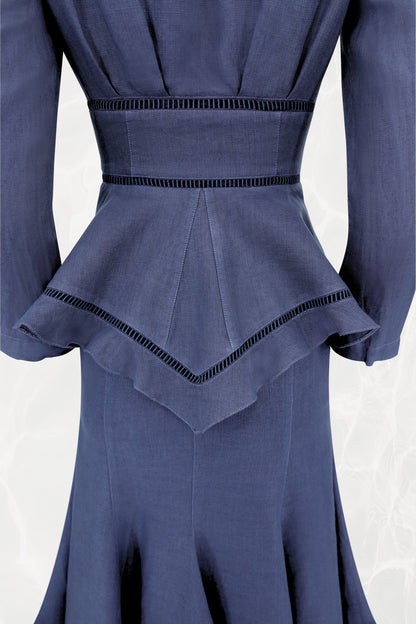 Thierry Mugler linen jacket, back peplum with ladder-stitch trim detail — Disco Palma