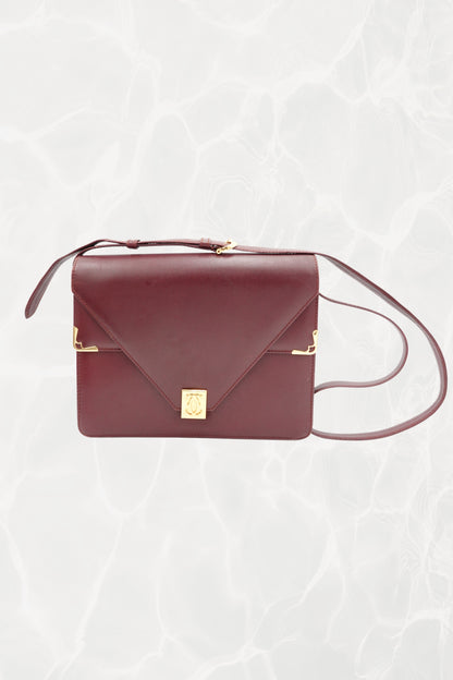 Vintage “Must de Cartier” Burgundy Leather Envelope Shoulder Bag, C. 1990's