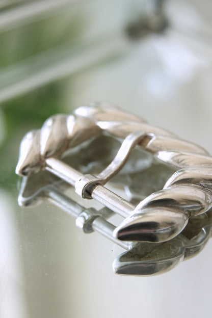 Vintage 1988 Tiffany & Co. sterling silver belt buckle: reverse showing the hallmark stamp and date engraving confirming the 1988 provenance