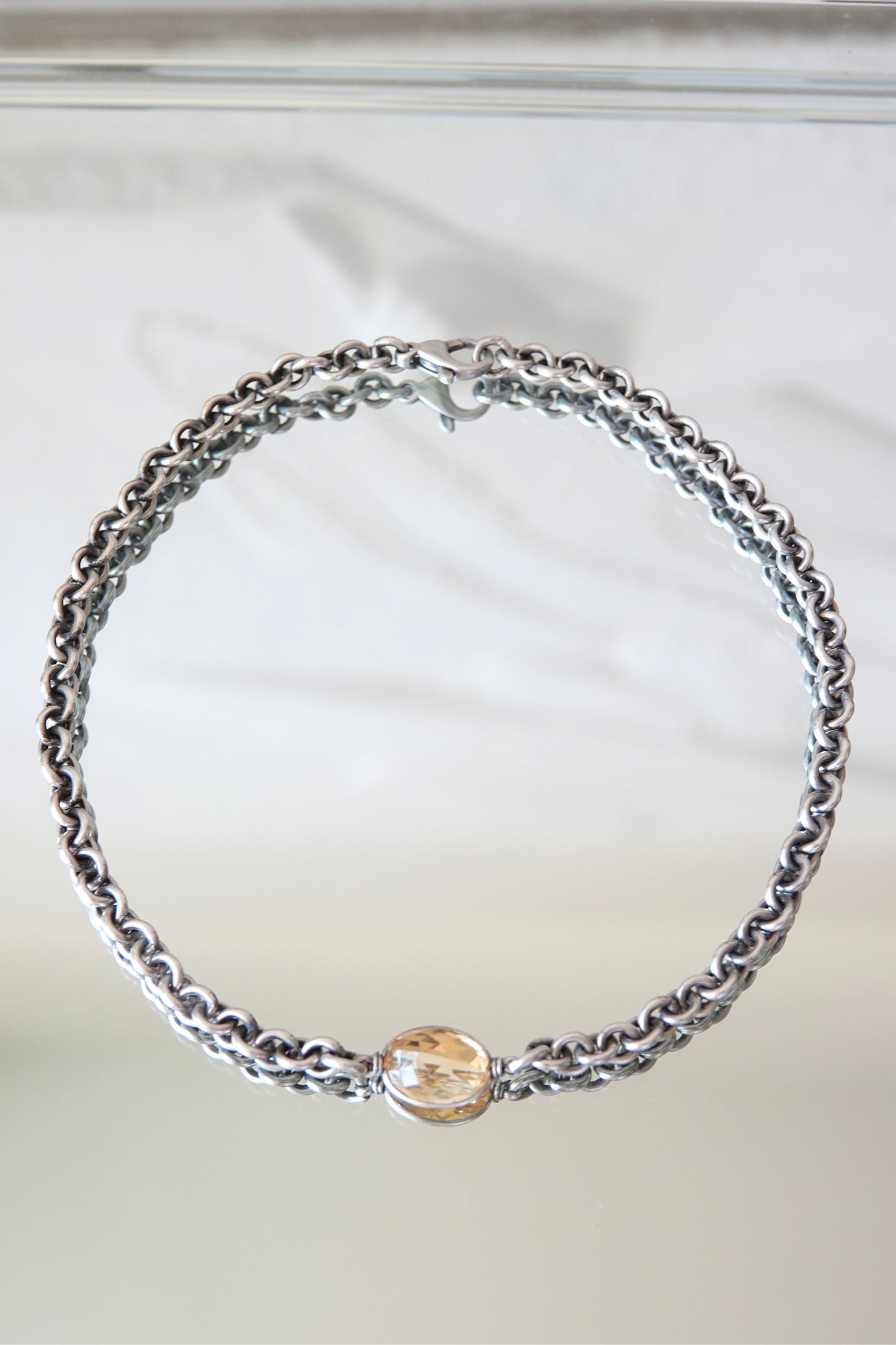 Vintage Sterling Silver Double-Link Chain Necklace with Faceted Citrine