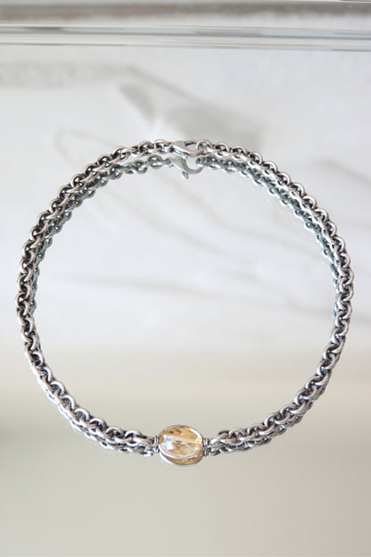 Vintage Sterling Silver Double-Link Chain Necklace with Faceted Citrine