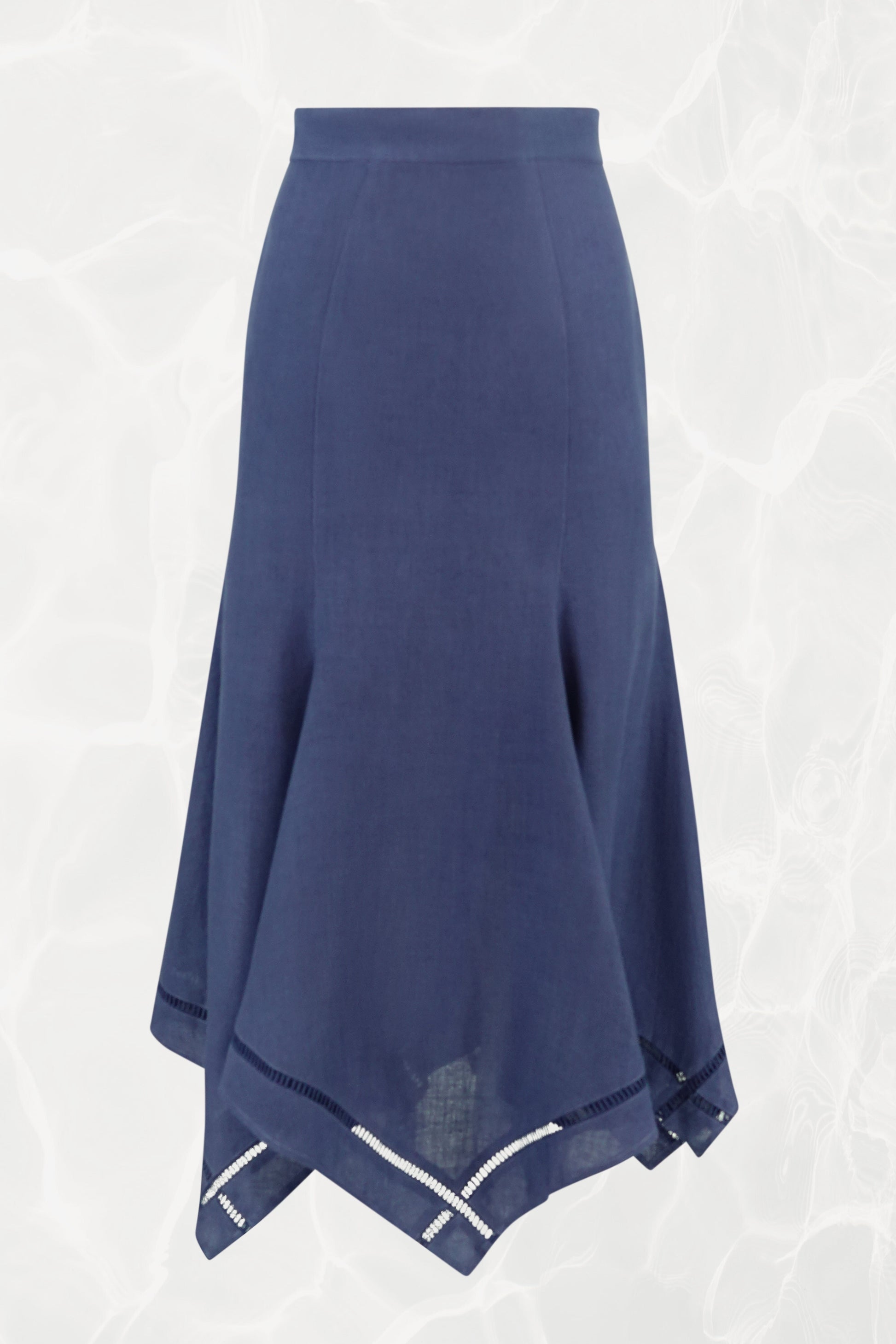 Thierry Mugler linen skirt, front view showing handkerchief hem and cutwork detail — Disco Palma