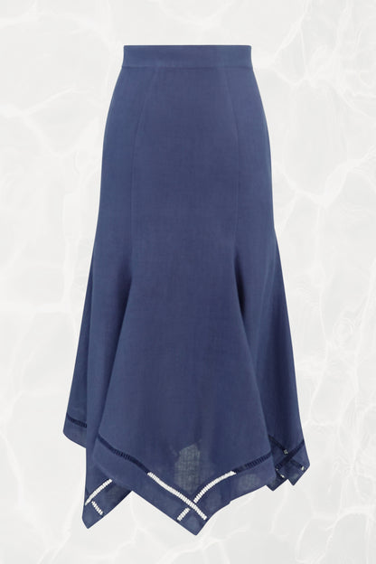 Thierry Mugler linen skirt, front view showing handkerchief hem and cutwork detail — Disco Palma