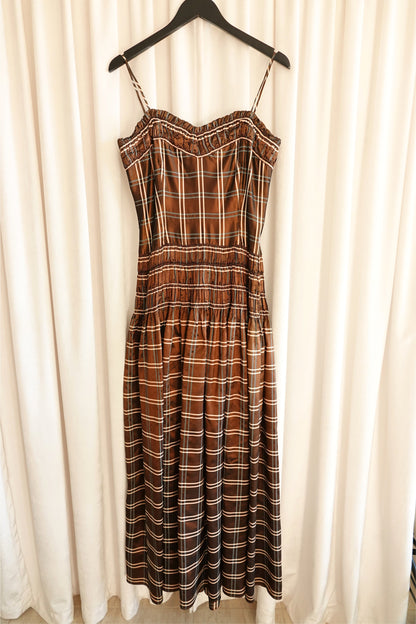 Party Lines by Domb 1940s brown plaid taffeta gown, hem condition detail — Disco Palma