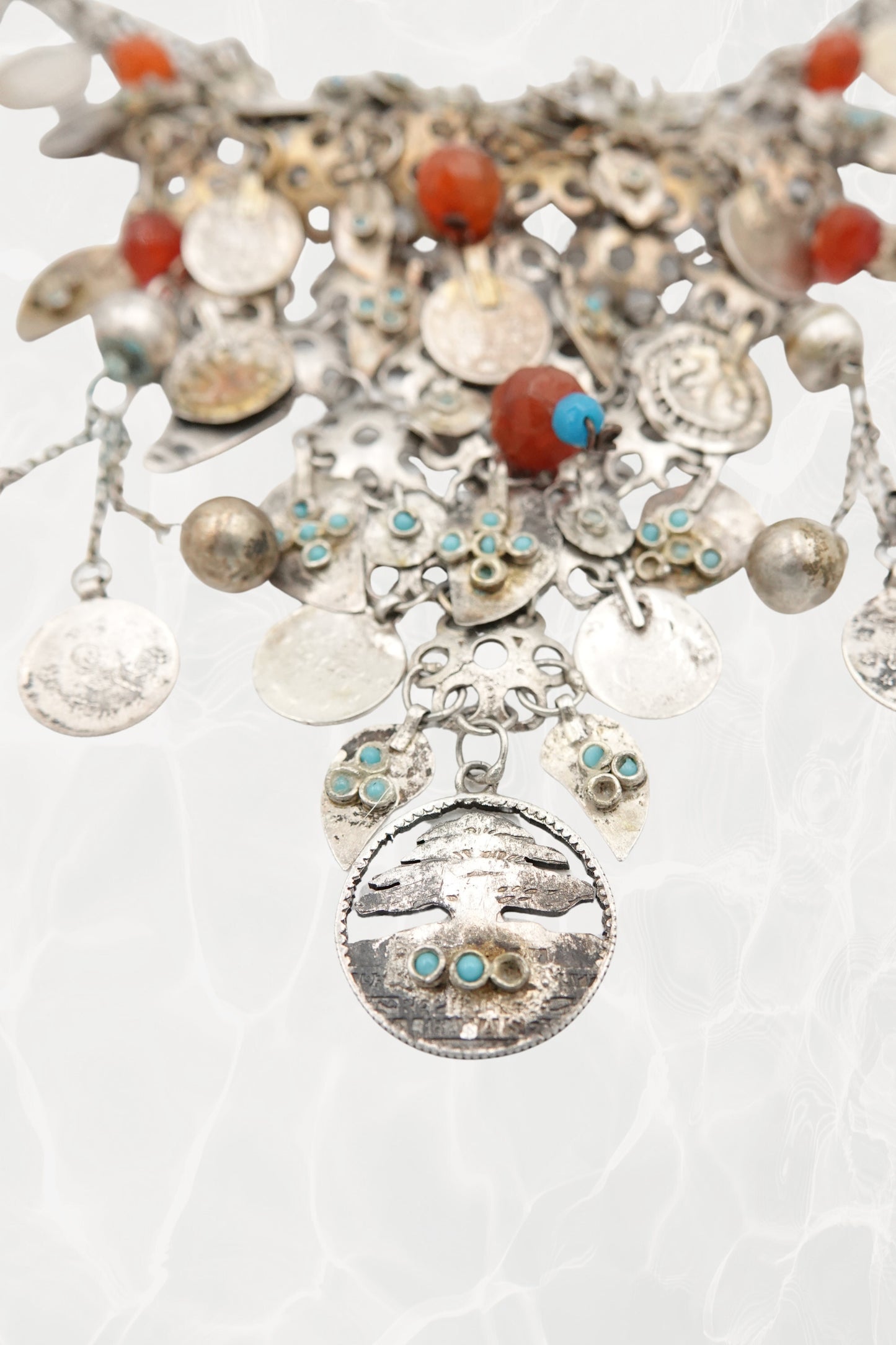 Moroccan Amazigh (Berber) Silver Bib Necklace with Carnelian & Coin Charms